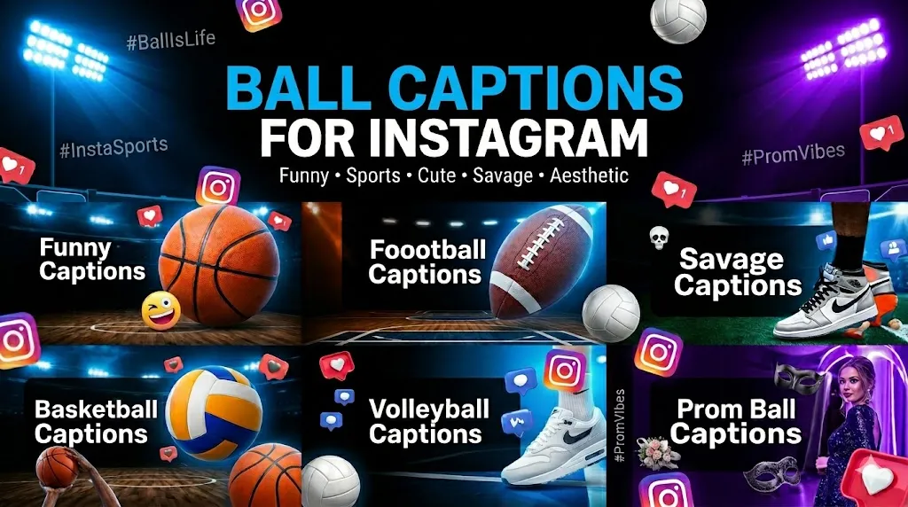 Ball Captions For Instagram infographic featuring basketball, football, aesthetic sports captions, funny Instagram quotes, and trendy Gen-Z sports lifestyle design.