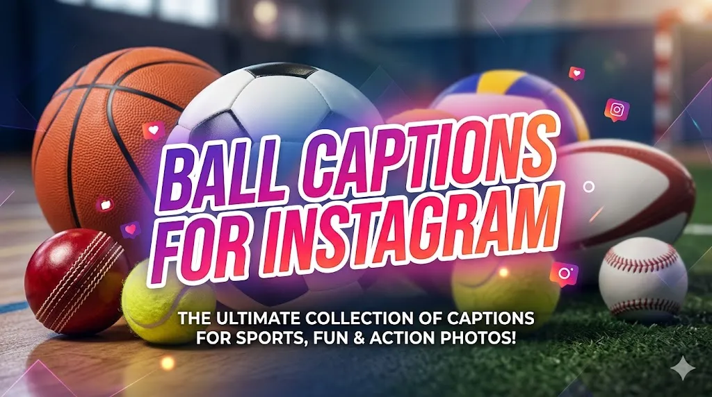 Ball Captions For Instagram infographic featuring basketball, football, aesthetic sports captions, funny Instagram quotes, and trendy Gen-Z sports lifestyle design.