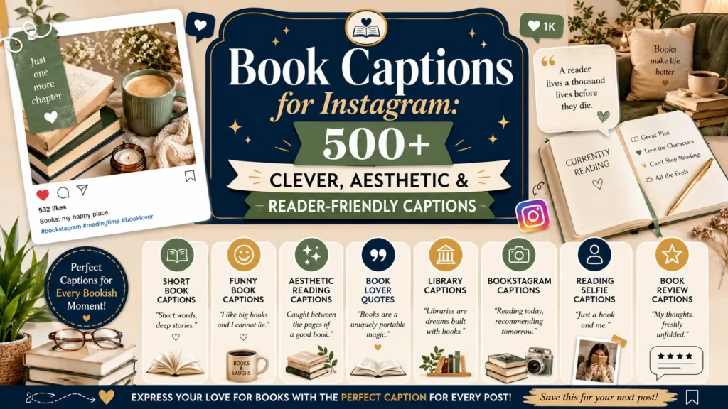 Colorful infographic featuring Book Captions for Instagram with reading quotes, book lover captions, aesthetic Bookstagram ideas, library captions, and creative reading-themed Instagram caption inspiration.