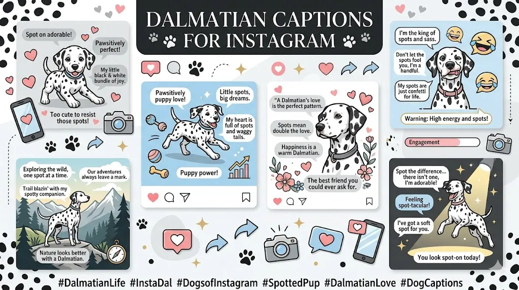 Dalmatian Captions for Instagram infographic featuring cute Dalmatian puppies, funny dog captions, pet quotes, Instagram-themed graphics, adventure moments, and social media elements.