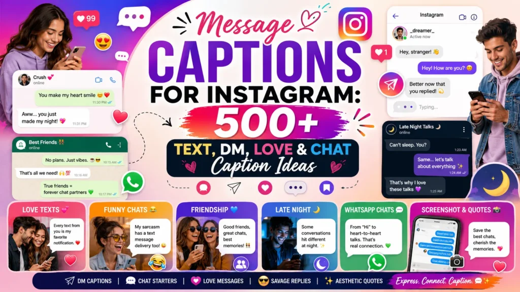 Message Captions for Instagram infographic featuring text messages, Instagram DMs, chat screenshots, love messages, friendship captions, and social media conversation ideas.