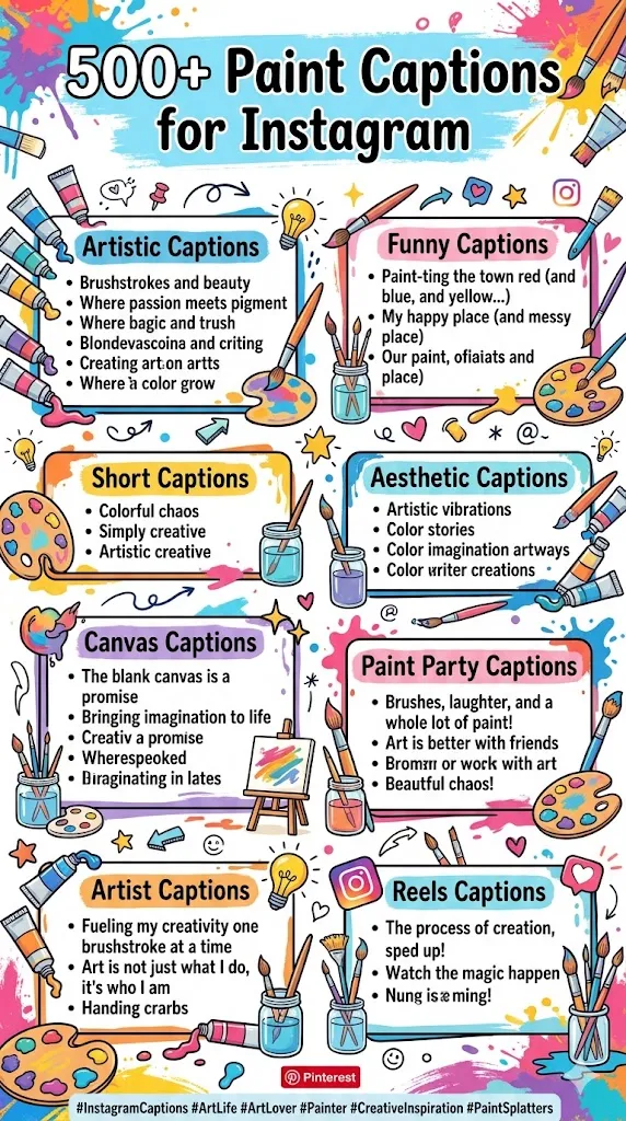 Colorful infographic featuring 500+ Paint Captions for Instagram with artistic, funny, aesthetic, canvas, paint party, artist, and Reels caption categories surrounded by paintbrushes, palettes, and vibrant paint splashes.