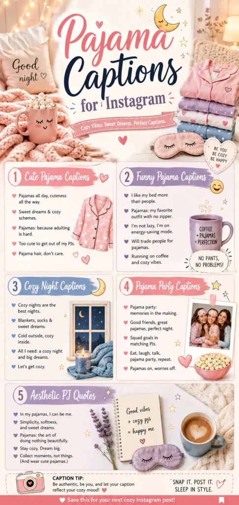 Cozy Pajama Captions for Instagram infographic featuring cute, funny, aesthetic, and pajama party caption ideas with soft pastel bedroom-themed design elements.