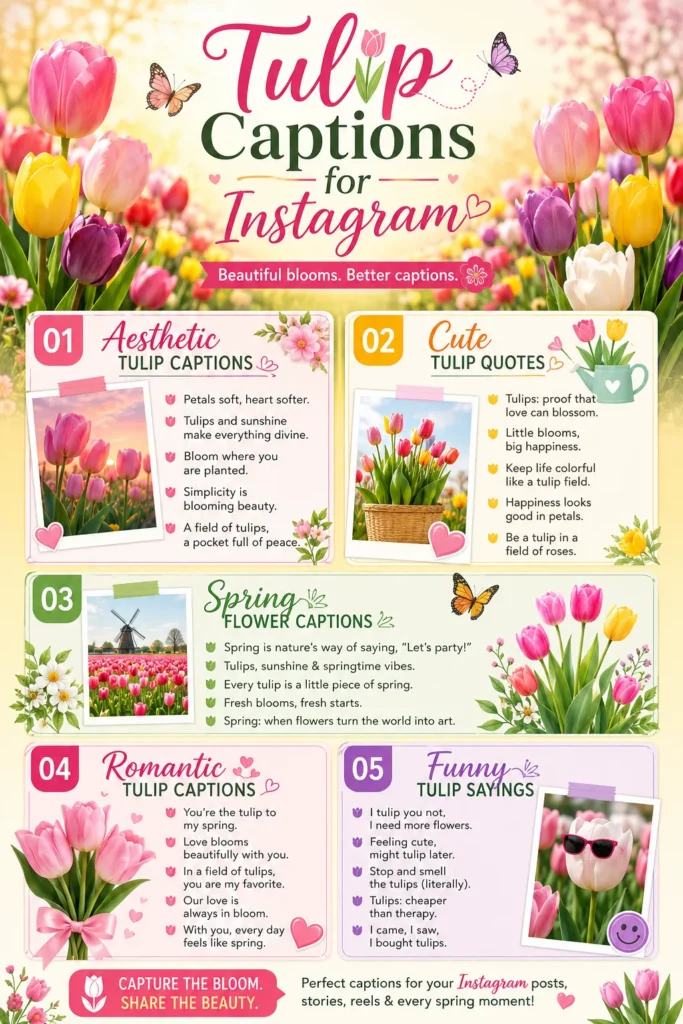 Tulip Captions for Instagram infographic featuring colorful tulip flowers, aesthetic spring quotes, romantic captions, cute flower sayings, and Instagram post ideas.