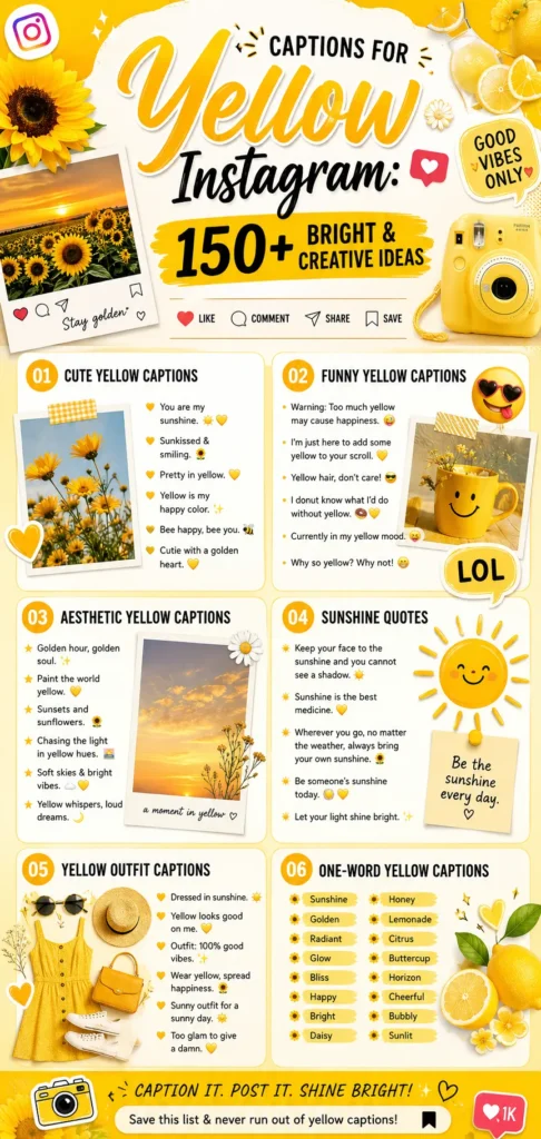 Infographic featuring 150+ yellow captions for Instagram, including cute, funny, aesthetic, sunshine, outfit, and one-word caption ideas with bright yellow-themed design elements.