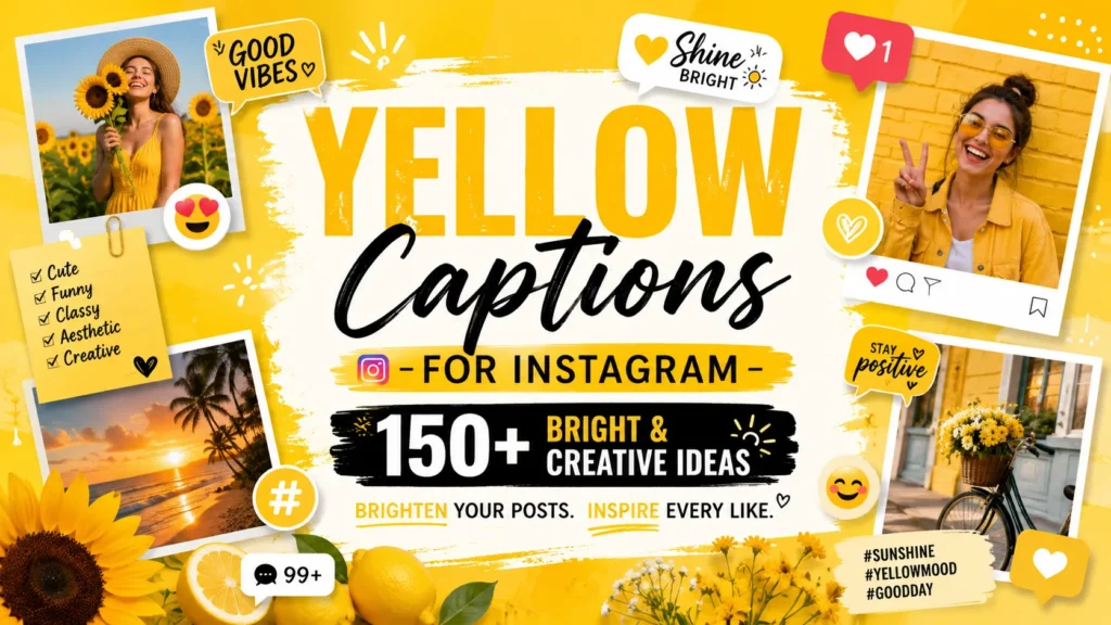 Yellow Captions for Instagram feature image with bright yellow aesthetic, Instagram-inspired design, sunflowers, sunshine elements, and creative caption ideas for social media posts.
