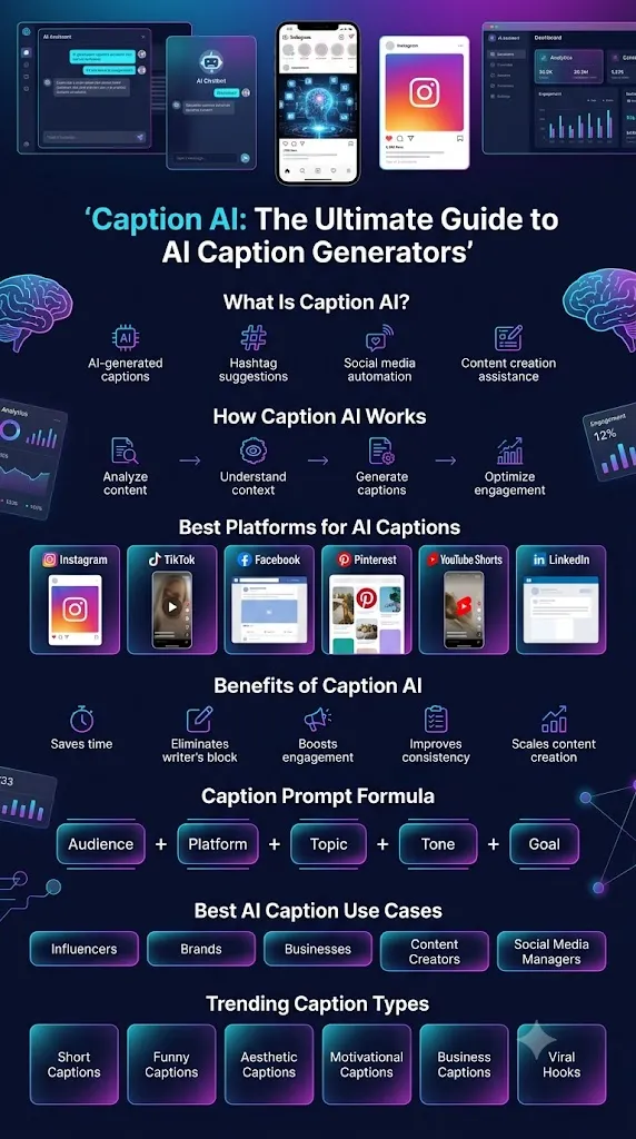Caption AI infographic showing how AI caption generators create social media captions for Instagram, TikTok, Facebook, Pinterest, Reels, and YouTube Shorts using prompts, automation, hashtags, and engagement optimization.