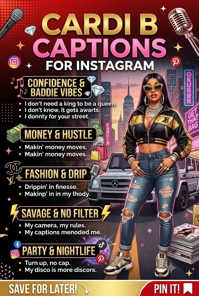 Cardi B captions for Instagram infographic featuring a stylish hip-hop fashion influencer with bold, confident, funny, and savage Instagram caption ideas.