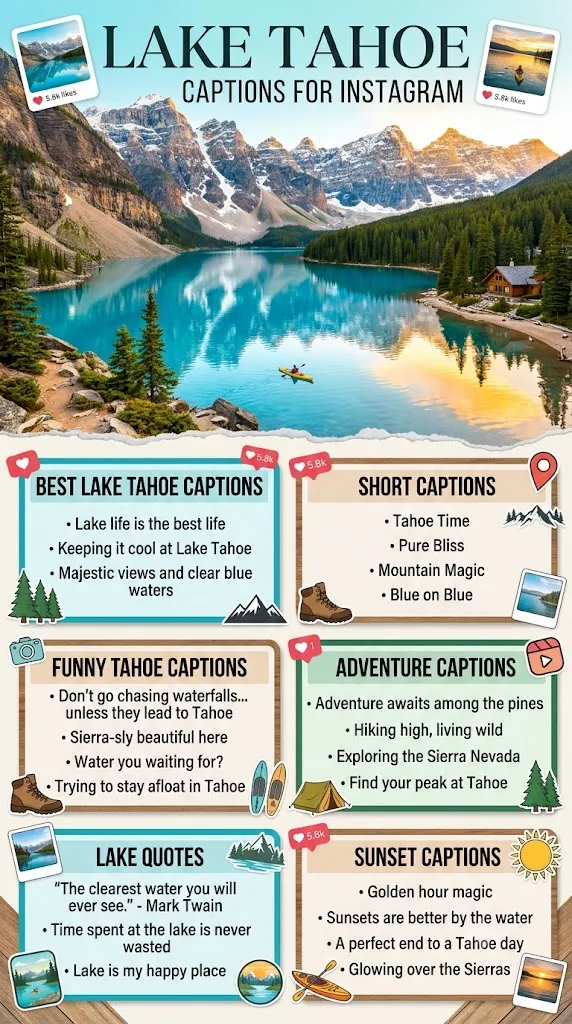 Beautiful Lake Tahoe infographic featuring mountain views, crystal-clear blue water, sunset scenery, hiking trails, and the best Lake Tahoe captions for Instagram, including short, funny, adventure, and travel caption ideas.