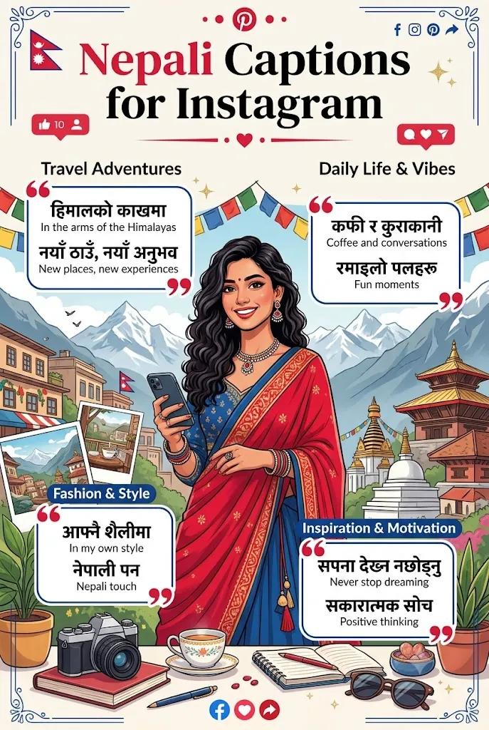 Nepali captions for Instagram featuring stylish Nepali quotes, travel captions, attitude captions, and aesthetic Instagram caption ideas in Nepali language.