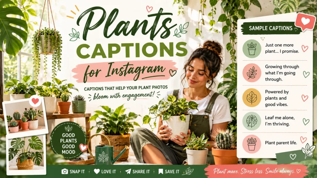 Plants Captions for Instagram infographic featuring a plant lover surrounded by indoor houseplants, succulents, monstera leaves, botanical decor, and creative Instagram caption ideas for plant photos.