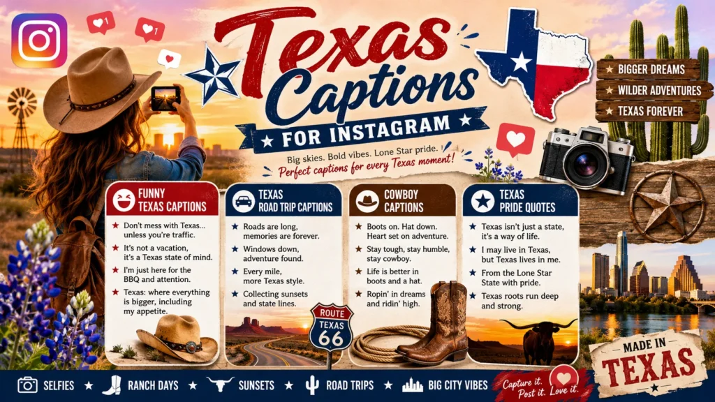 Texas Captions for Instagram infographic featuring Texas landmarks, cowboy culture, road trip scenery, Lone Star symbols, western lifestyle elements, and Instagram caption ideas for Texas-themed posts.